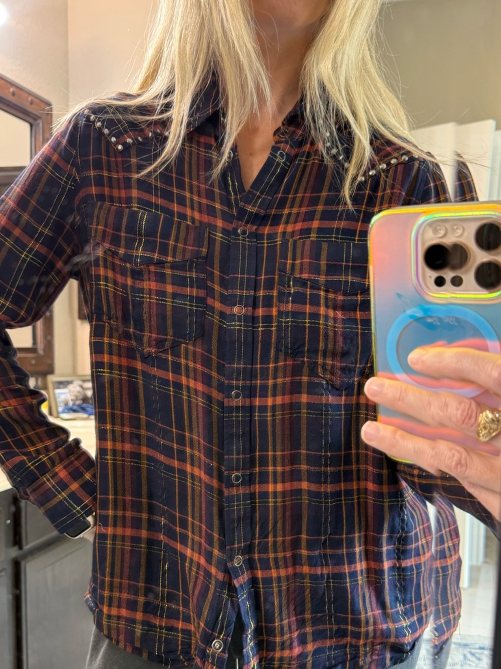Express western Boyfriend Plaid Shirt in Navy and Orange